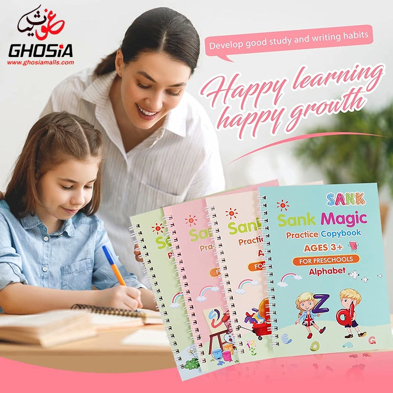 4 in 1 Magic Practice Copybook for Kids – 4 Reusable Writing Practice Book with Magical Pen - Ghosia Mall's