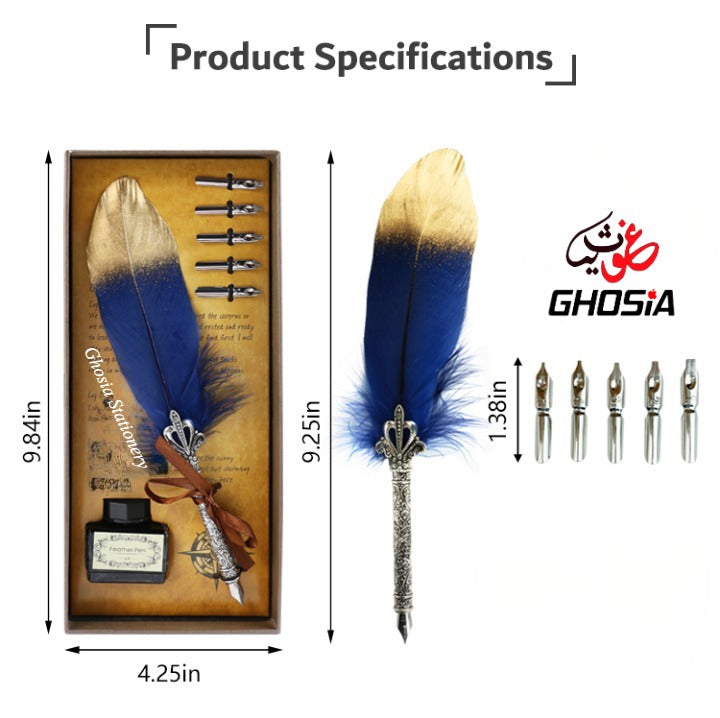 Feather Pen Set Luxury Vintage Metallic Carving Dip Pen, Calligraphy Writing with 5 Replacement Nibs - Ghosia Mall's