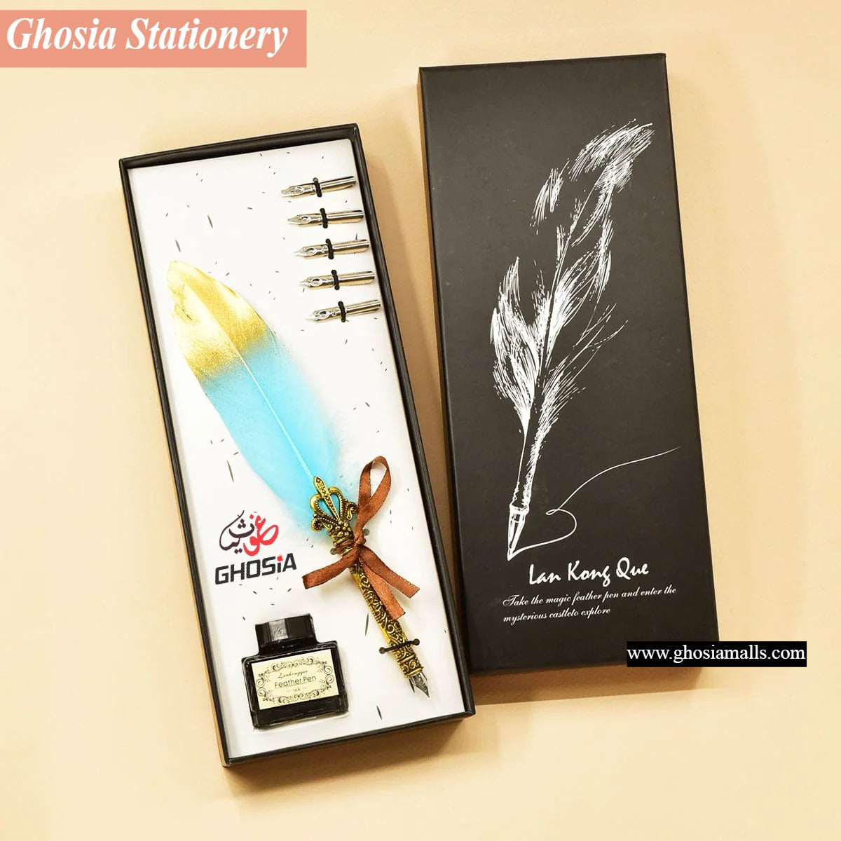 Feather Pen Set Luxury Vintage Metallic Carving Dip Pen, Calligraphy Writing with 5 Replacement Nibs - Ghosia Mall's