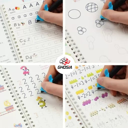 4 in 1 Magic Practice Copybook for Kids – 4 Reusable Writing Practice Book with Magical Pen - Ghosia Mall's
