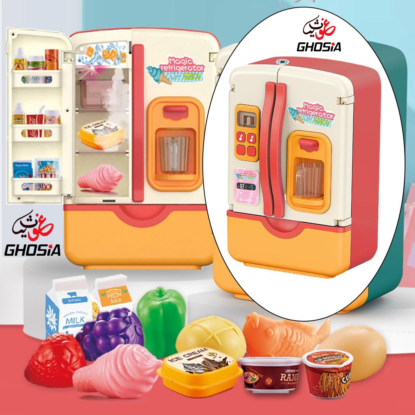 Dollhouse Refrigerator With Cold Icy Spray & Colorful Dazzling Lights & Music Doll Fridge With Fruits And Accessories - Ghosia Mall's