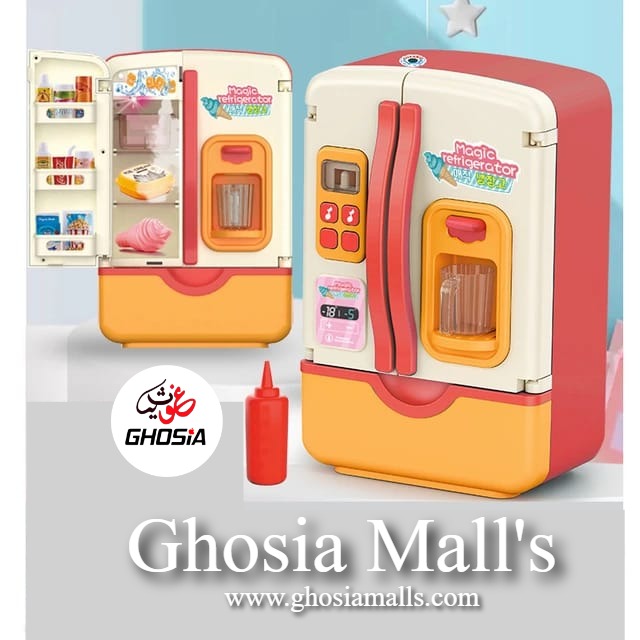 Dollhouse Refrigerator With Cold Icy Spray & Colorful Dazzling Lights & Music Doll Fridge With Fruits And Accessories - Ghosia Mall's