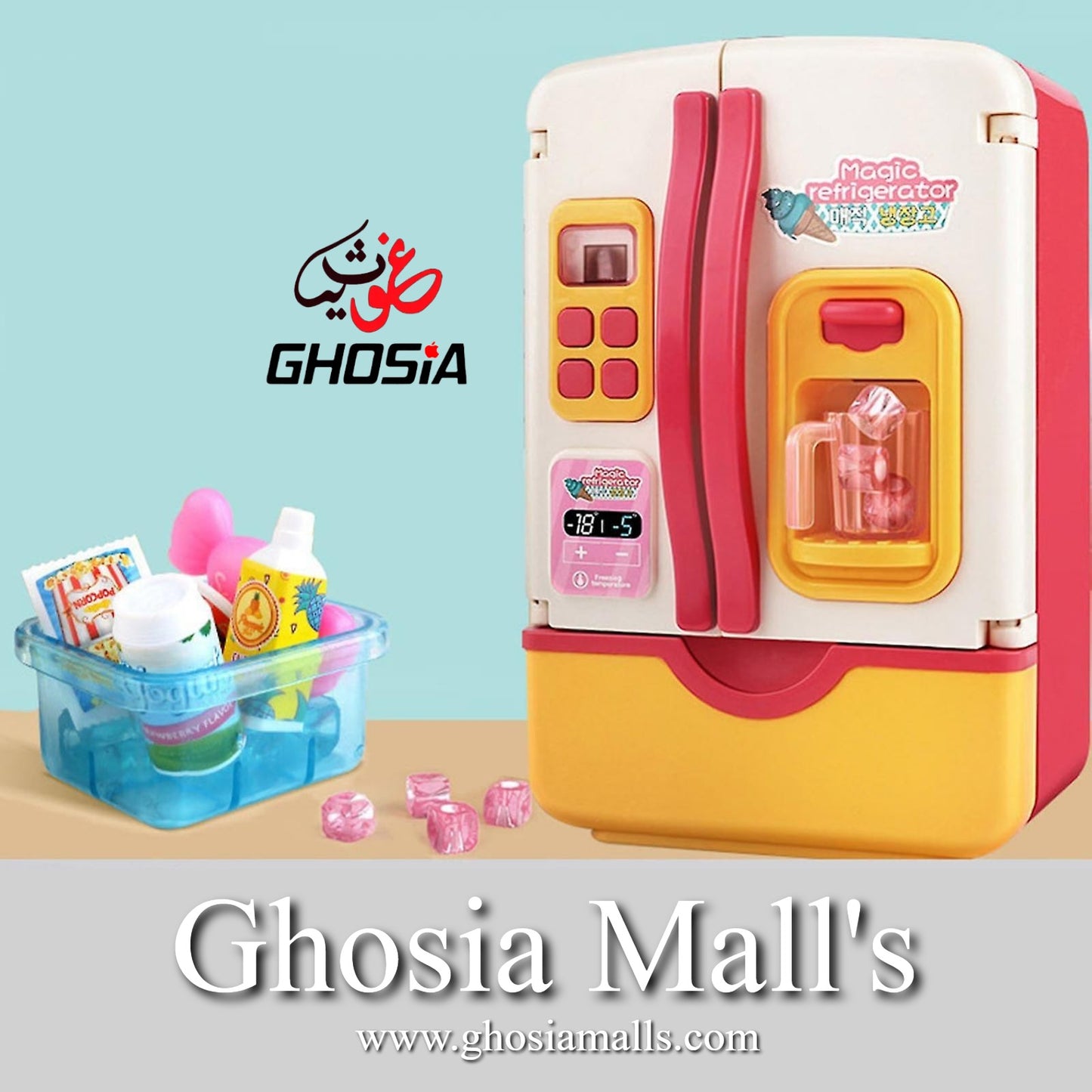 Dollhouse Refrigerator With Cold Icy Spray & Colorful Dazzling Lights & Music Doll Fridge With Fruits And Accessories - Ghosia Mall's