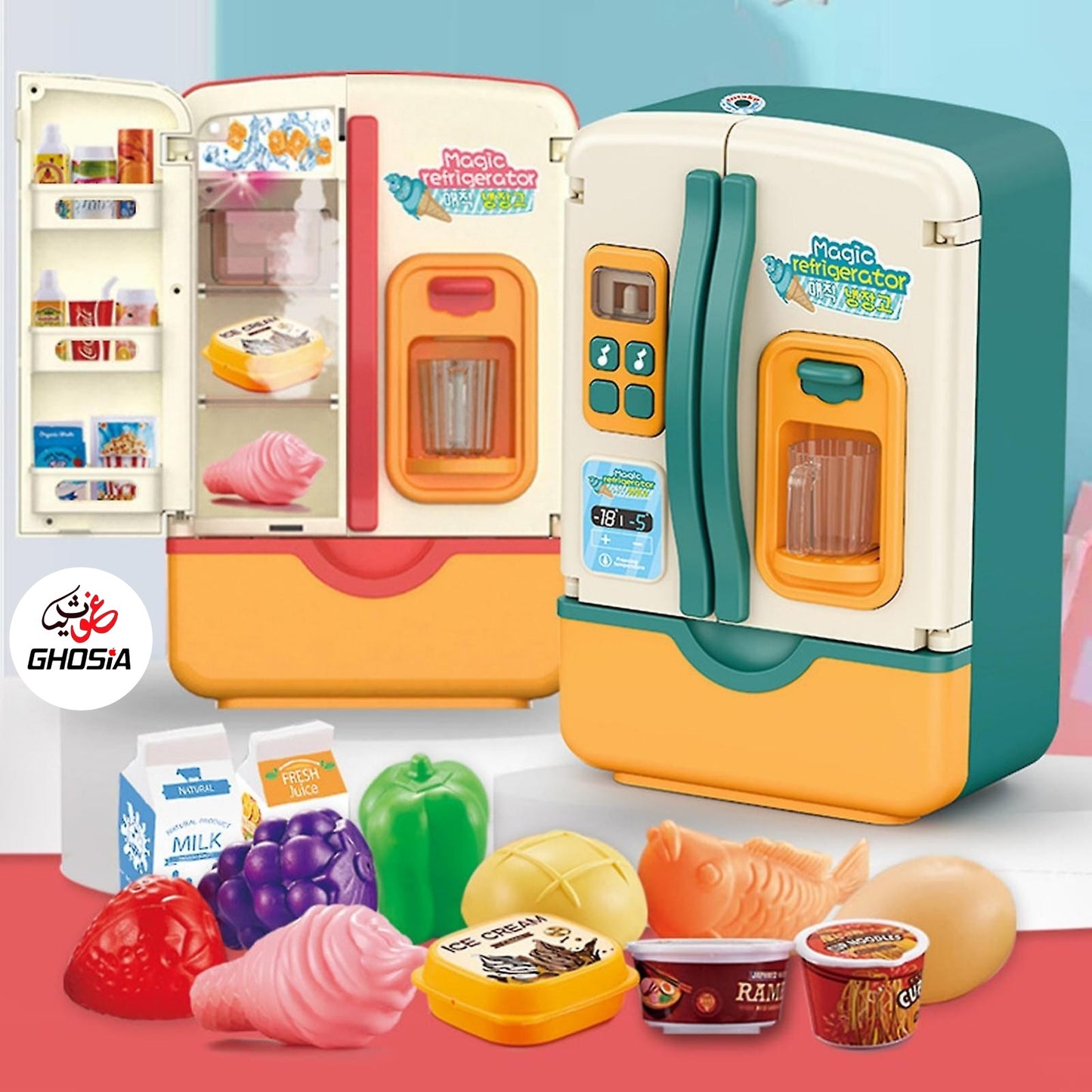 Dollhouse Refrigerator With Cold Icy Spray & Colorful Dazzling Lights & Music Doll Fridge With Fruits And Accessories - Ghosia Mall's