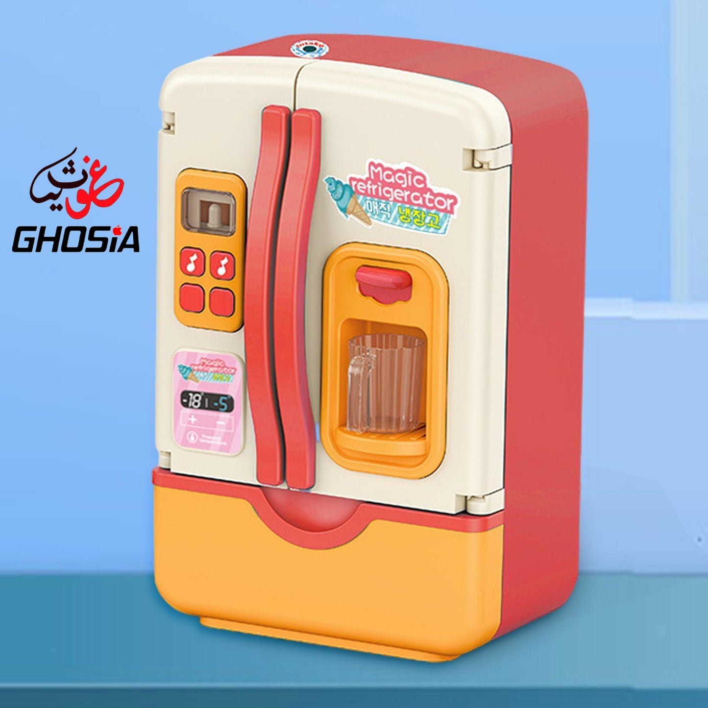 Dollhouse Refrigerator With Cold Icy Spray & Colorful Dazzling Lights & Music Doll Fridge With Fruits And Accessories - Ghosia Mall's