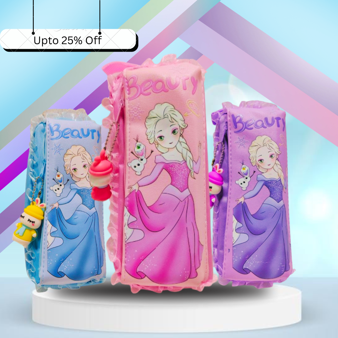 Beauty Girl Stationery Pouch With Cartoon Key chain Pendant Princess Theme Stationery Organizer Pouch - Ghosia Mall's