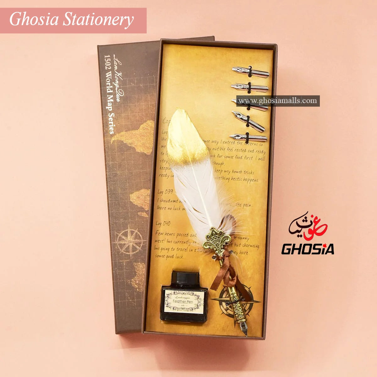 Feather Pen Set Luxury Vintage Metallic Carving Dip Pen, Calligraphy Writing with 5 Replacement Nibs - Ghosia Mall's