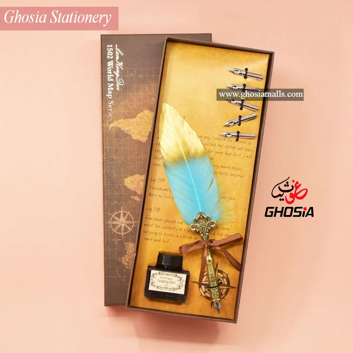 Feather Pen Set Luxury Vintage Metallic Carving Dip Pen, Calligraphy Writing with 5 Replacement Nibs - Ghosia Mall's