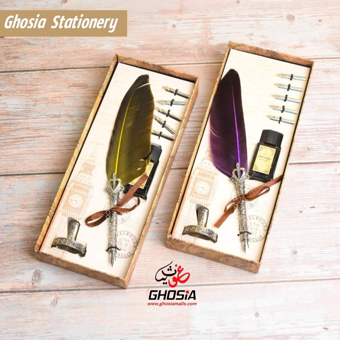 Carving Feather Pen Set, Quill Pen Set Antique Calligraphy Writing Dip Pen with Ink, 5 Replacement Nibs, Metallic Carved Pen Stand Base, Luxury Vintage Signature - Ghosia Mall's