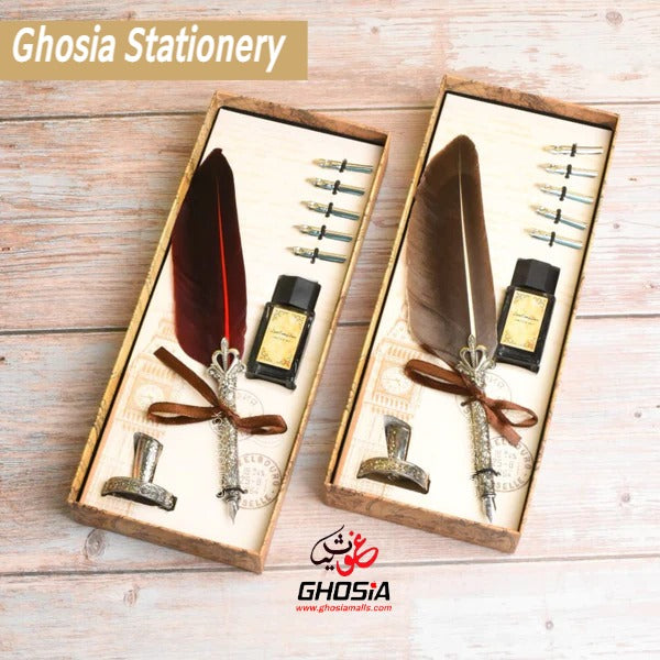 Carving Feather Pen Set, Quill Pen Set Antique Calligraphy Writing Dip Pen with Ink, 5 Replacement Nibs, Metallic Carved Pen Stand Base, Luxury Vintage Signature - Ghosia Mall's