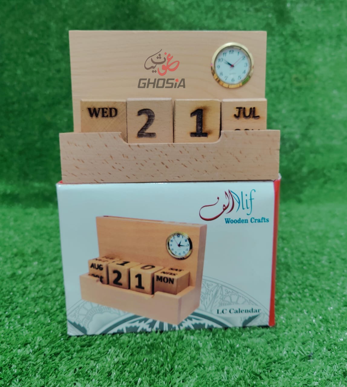 Alif Handmade Pure Wooden Calendar With Mini Clock/Mobile Holder/Card Holder/Pen Holder Decorative Forever Calendar - Ghosia Mall's