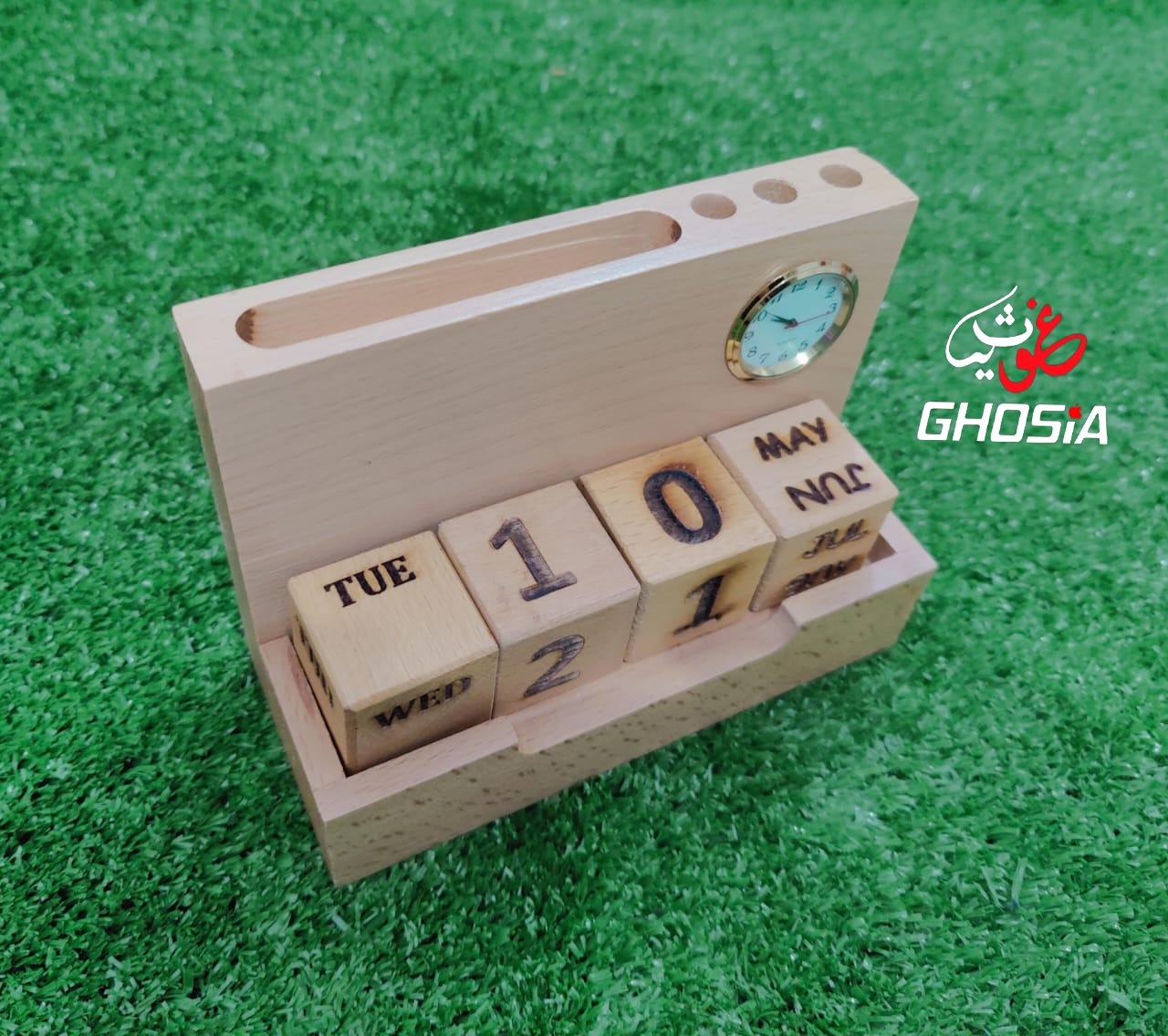 Alif Handmade Pure Wooden Calendar With Mini Clock/Mobile Holder/Card Holder/Pen Holder Decorative Forever Calendar - Ghosia Mall's