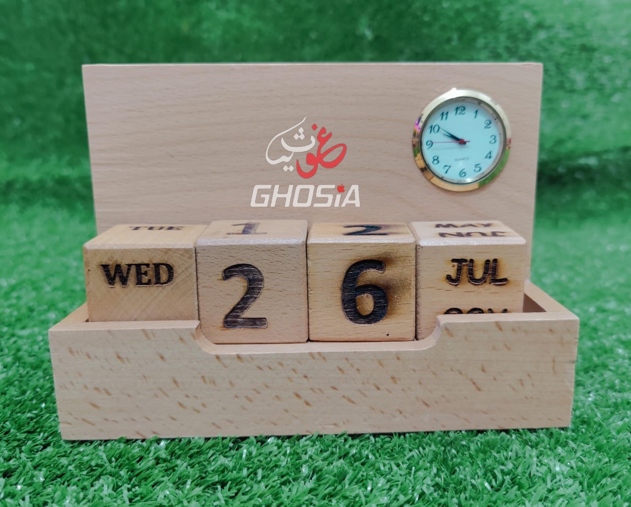 Alif Handmade Pure Wooden Calendar With Mini Clock/Mobile Holder/Card Holder/Pen Holder Decorative Forever Calendar - Ghosia Mall's