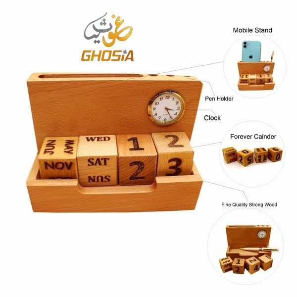 Alif Handmade Pure Wooden Calendar With Mini Clock/Mobile Holder/Card Holder/Pen Holder Decorative Forever Calendar - Ghosia Mall's