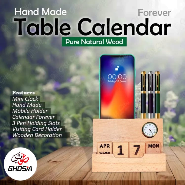 Alif Handmade Pure Wooden Calendar With Mini Clock/Mobile Holder/Card Holder/Pen Holder Decorative Forever Calendar - Ghosia Mall's