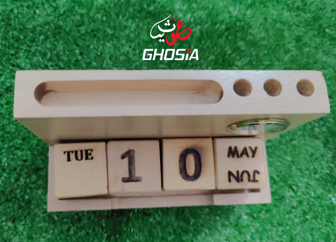 Alif Handmade Pure Wooden Calendar With Mini Clock/Mobile Holder/Card Holder/Pen Holder Decorative Forever Calendar - Ghosia Mall's