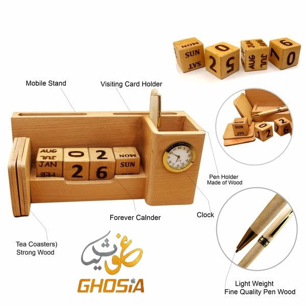 Alif Pure Wood Handmade Calendar Original Branded Decorative Calendar With Mini Clock/Mobile Holder/Card Holder/Pen Holder/Tea Coaster - Ghosia Mall's