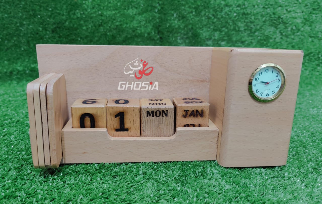 Alif Pure Wood Handmade Calendar Original Branded Decorative Calendar With Mini Clock/Mobile Holder/Card Holder/Pen Holder/Tea Coaster - Ghosia Mall's