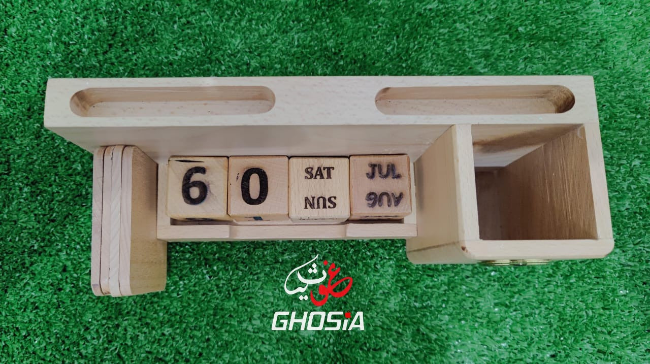 Alif Pure Wood Handmade Calendar Original Branded Decorative Calendar With Mini Clock/Mobile Holder/Card Holder/Pen Holder/Tea Coaster - Ghosia Mall's