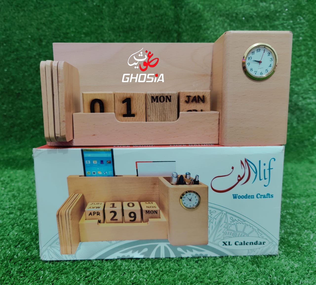 Alif Pure Wood Handmade Calendar Original Branded Decorative Calendar With Mini Clock/Mobile Holder/Card Holder/Pen Holder/Tea Coaster - Ghosia Mall's