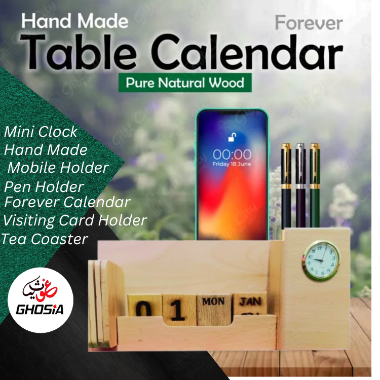 Alif Pure Wood Handmade Calendar Original Branded Decorative Calendar With Mini Clock/Mobile Holder/Card Holder/Pen Holder/Tea Coaster - Ghosia Mall's