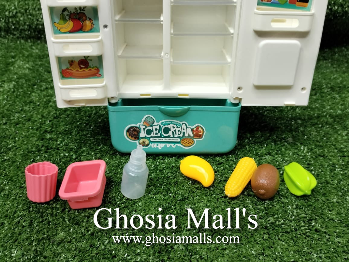 Dollhouse Refrigerator With Cold Icy Spray & Colorful Dazzling Lights & Music Doll Fridge With Fruits And Accessories - Ghosia Mall's