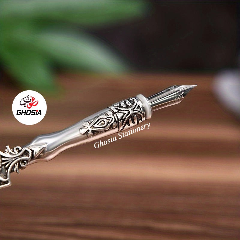 Feather Pen Set Luxury Vintage Metallic Carving Dip Pen, Calligraphy Writing with 5 Replacement Nibs - Ghosia Mall's