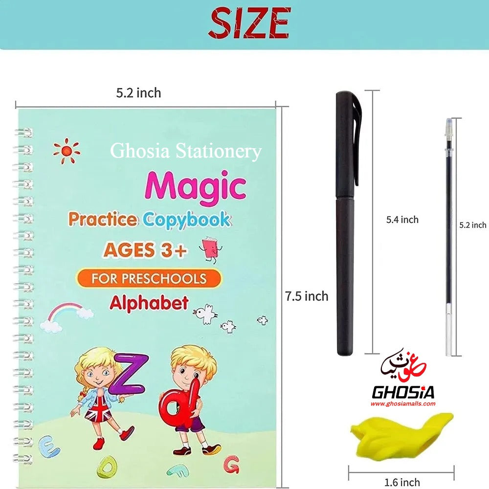 4 in 1 Magic Practice Copybook for Kids – 4 Reusable Writing Practice Book with Magical Pen - Ghosia Mall's