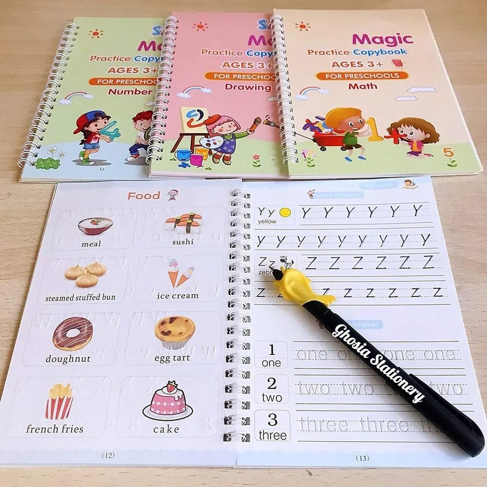 4 in 1 Magic Practice Copybook for Kids – 4 Reusable Writing Practice Book with Magical Pen - Ghosia Mall's