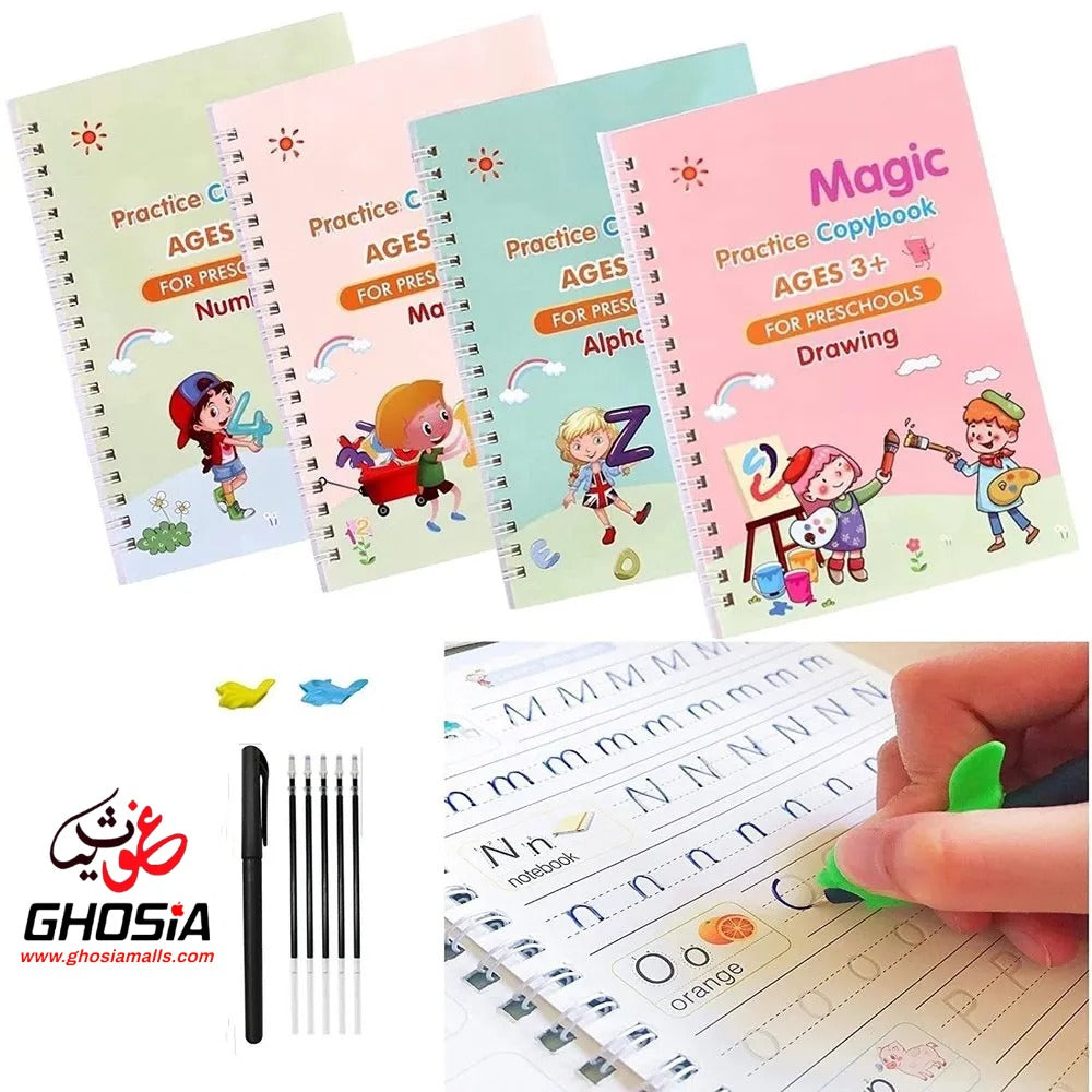 4 in 1 Magic Practice Copybook for Kids – 4 Reusable Writing Practice Book with Magical Pen - Ghosia Mall's