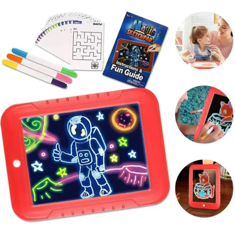 3D Magic Pad Light Up Drawing Pad With Neon Pens LED Writing Board For Kids Glow Up Writing Drafting Pad For Kids - Ghosia Mall's