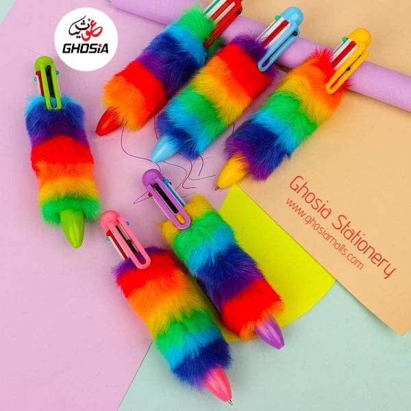 Bold Colors Rainbow Fur Pen Multi Color 6-in-1 Pen Fuzzy Pom Pom Pens Colorful Kawaii Stationery