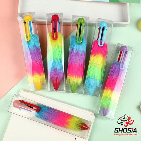 Bold Colors Rainbow Fur Pen Multi Color 6-in-1 Pen Fuzzy Pom Pom Pens Colorful Kawaii Stationery