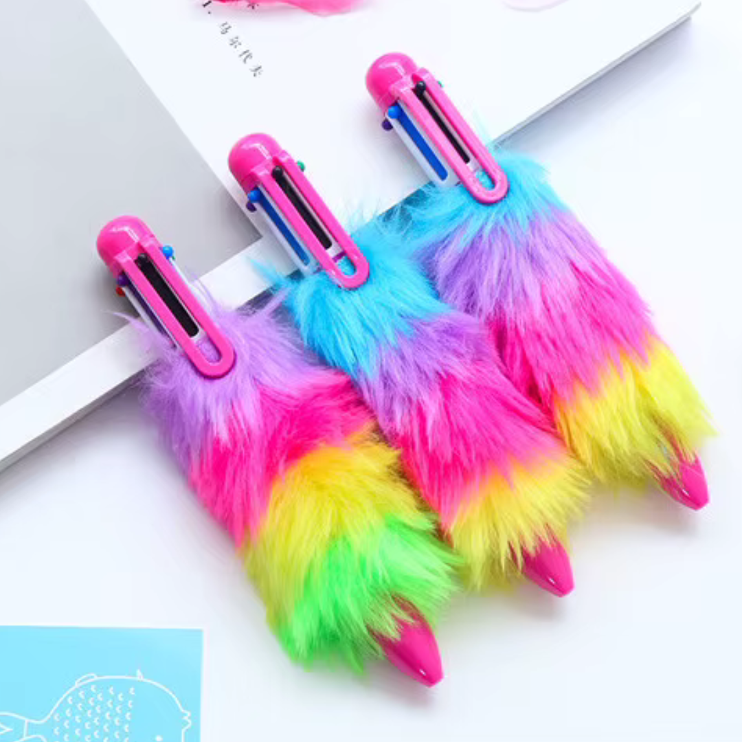 Bold Colors Rainbow Fur Pen Multi Color 6-in-1 Pen Fuzzy Pom Pom Pens Colorful Kawaii Stationery