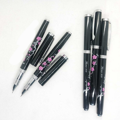 Classical Floral Design Full Metallic Fountain Pen-Black Mingao Fancy Style Smooth Writing Fountain Pen Sleek Body Ink Pen Perfect Stationery Gifts