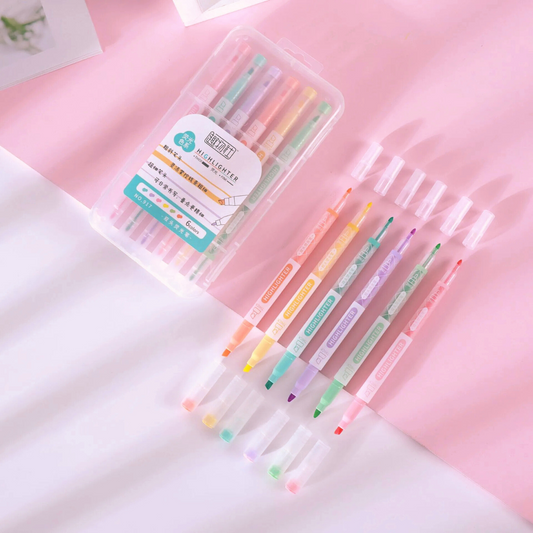 2 in 1 Highlighter Marker & Fineliner Pen Set Double Tip 6 Pcs Markers - Ghosia Mall's