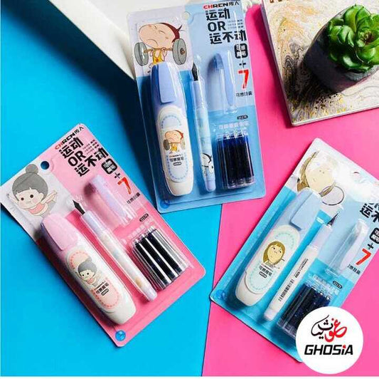 Creative Kawaii Cute Erasable Fountain Pen With 7 Ink Cartridge Magic Colorful Pen Set