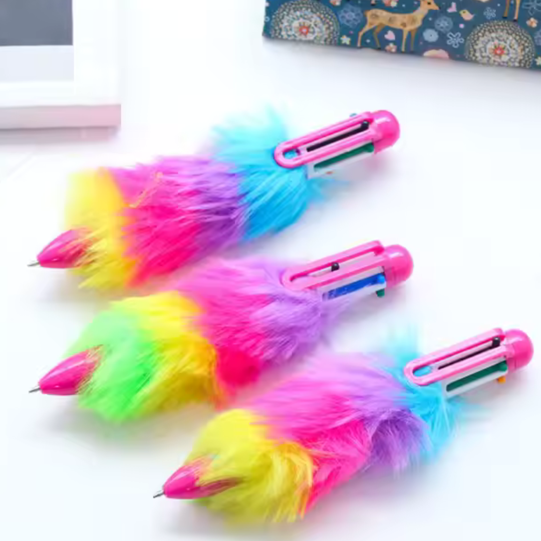 Bold Colors Rainbow Fur Pen Multi Color 6-in-1 Pen Fuzzy Pom Pom Pens Colorful Kawaii Stationery