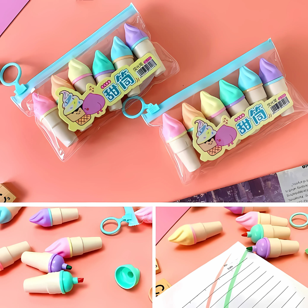 Soft Color Mini Ice-Cream Shaped Highlighter Marker Set ( 6 Pcs Pack ) Art, Coloring, Writing Highlighters - Ghosia Mall's