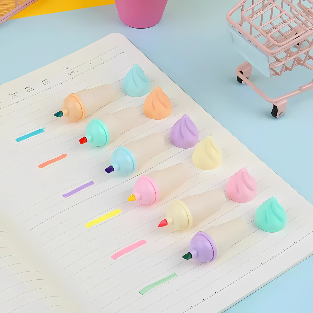 Soft Color Mini Ice-Cream Shaped Highlighter Marker Set ( 6 Pcs Pack ) Art, Coloring, Writing Highlighters - Ghosia Mall's