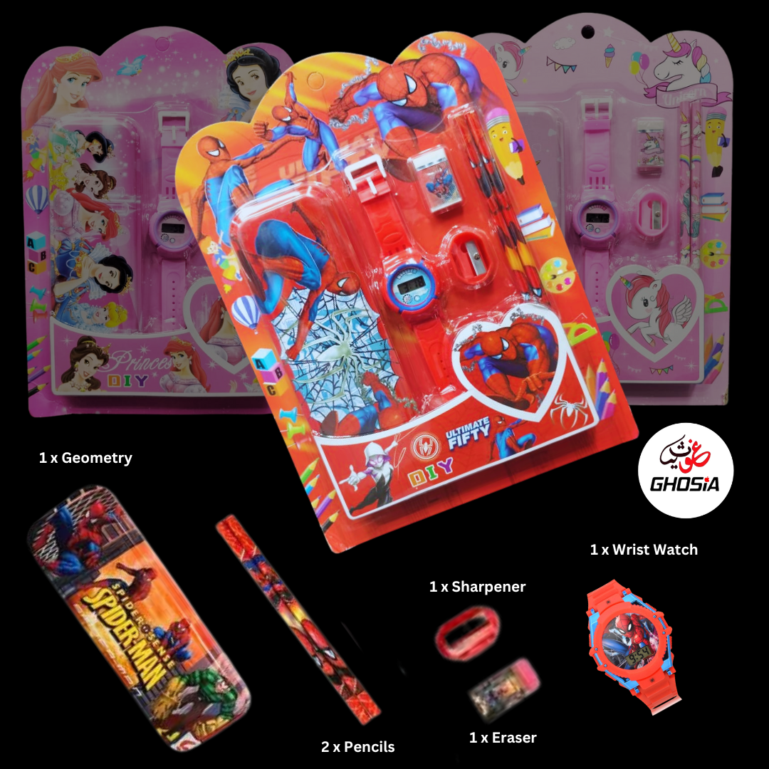 6 Pcs Stationary Set for Kids School Stationery Set With Digital Watch Cartoon Themed Gift Combo Pack