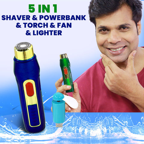 5 In 1 USB Pocket Mini Shaver, Razor Ignition Lighter LED Torch Light, Power Bank With Mini Fan