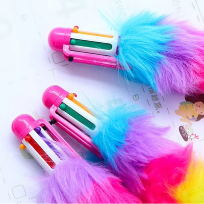 Bold Colors Rainbow Fur Pen Multi Color 6-in-1 Pen Fuzzy Pom Pom Pens Colorful Kawaii Stationery