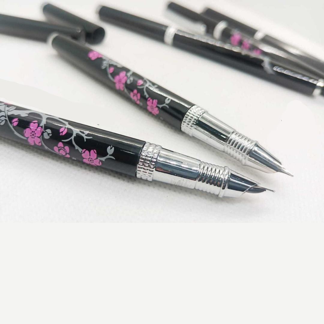 Classical Floral Design Full Metallic Fountain Pen-Black Mingao Fancy Style Smooth Writing Fountain Pen Sleek Body Ink Pen Perfect Stationery Gifts