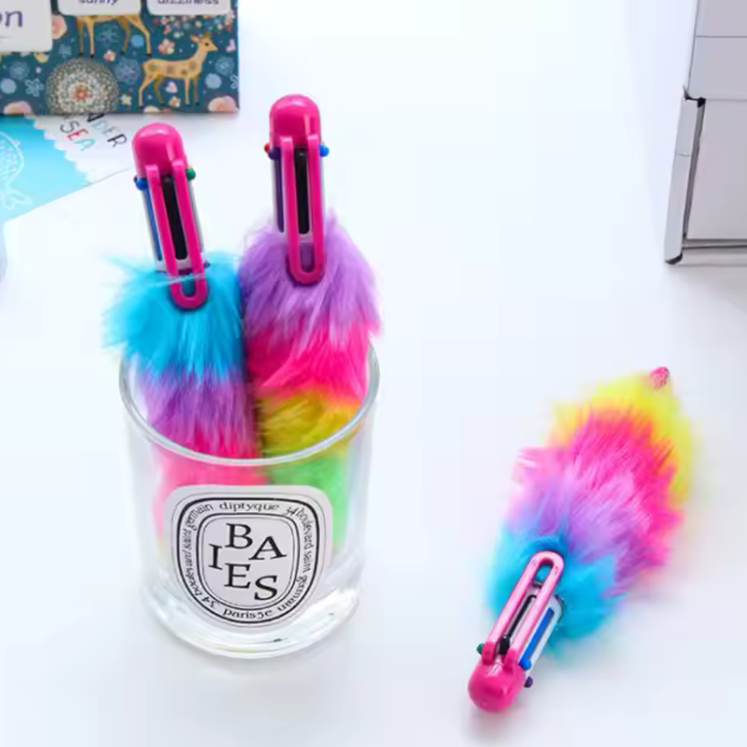 Bold Colors Rainbow Fur Pen Multi Color 6-in-1 Pen Fuzzy Pom Pom Pens Colorful Kawaii Stationery