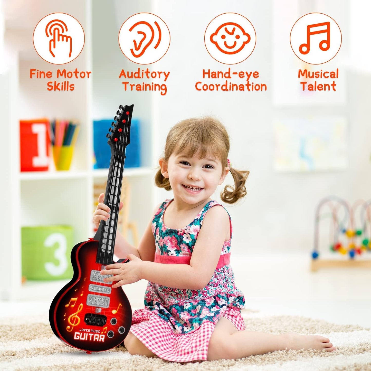 NEW POP Music Fetching Lights Fashion Music Guitar Electric Guitar 4 Strings Musical Instrument Educational Toy Kids Toddler Guitar with Strap Light Up Musical Toys for 3 4 5 Year Old Boys Girls Gifts