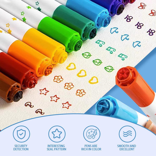 Stamp Marker Pen Dual Tips 12 Coloring Pen Set Kids Cute Pattern Marker color Pens - Ghosia Mall's