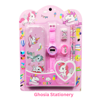 6 Pcs Stationary Set for Kids School Stationery Set With Digital Watch Cartoon Themed Gift Combo Pack