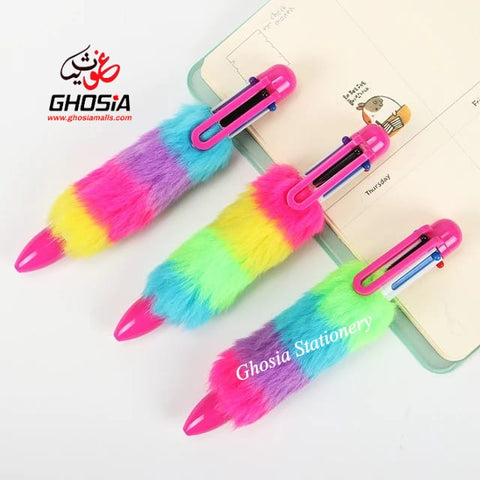 Bold Colors Rainbow Fur Pen Multi Color 6-in-1 Pen Fuzzy Pom Pom Pens Colorful Kawaii Stationery