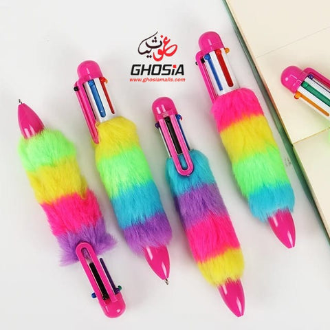 Bold Colors Rainbow Fur Pen Multi Color 6-in-1 Pen Fuzzy Pom Pom Pens Colorful Kawaii Stationery